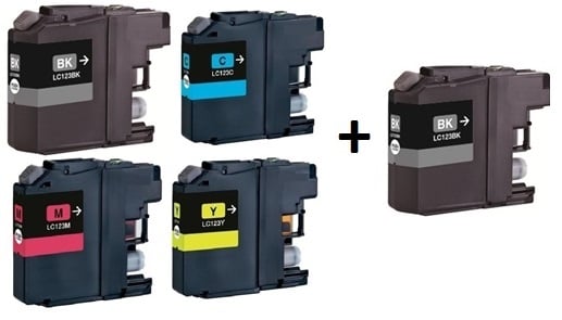 Brother Compatible LC123 full Set of 4 Inks + EXTRA BLACK (2 x Black 1 x Cyan/Magenta/Yellow)